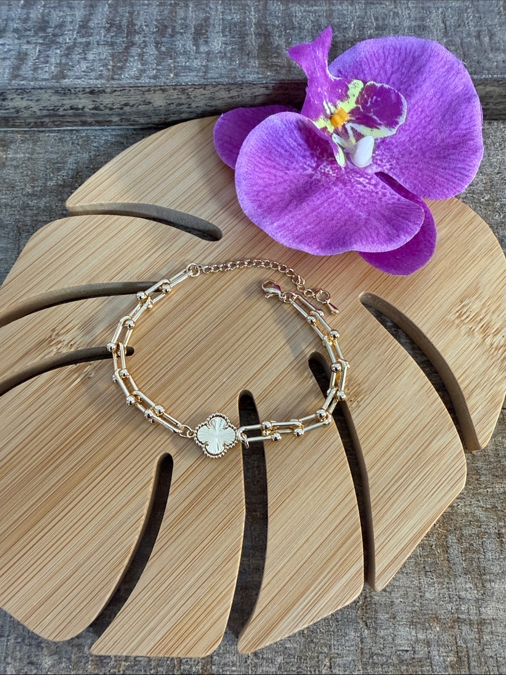 Gold Clover Chain Bracelet with White Enamel Accent